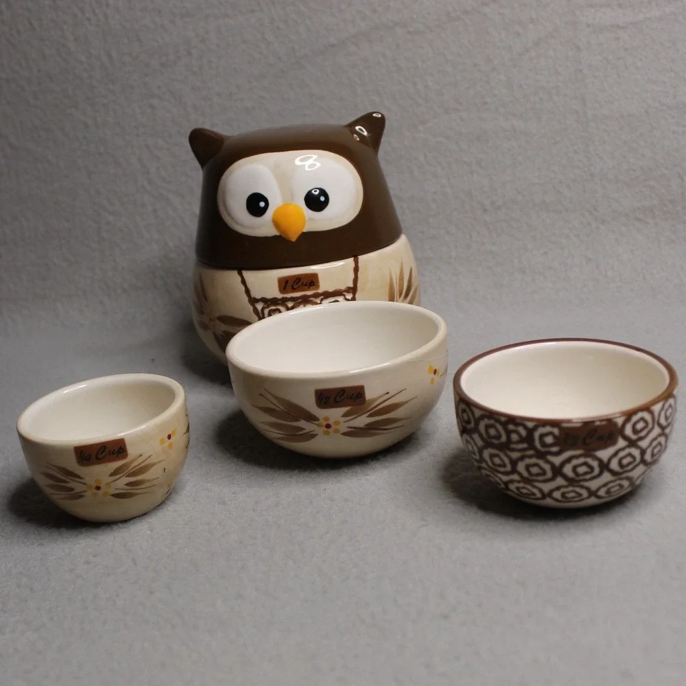 Temptations Owl Measuring Cup Set Brown Old World Ceramic Nesting Kitchen Decor